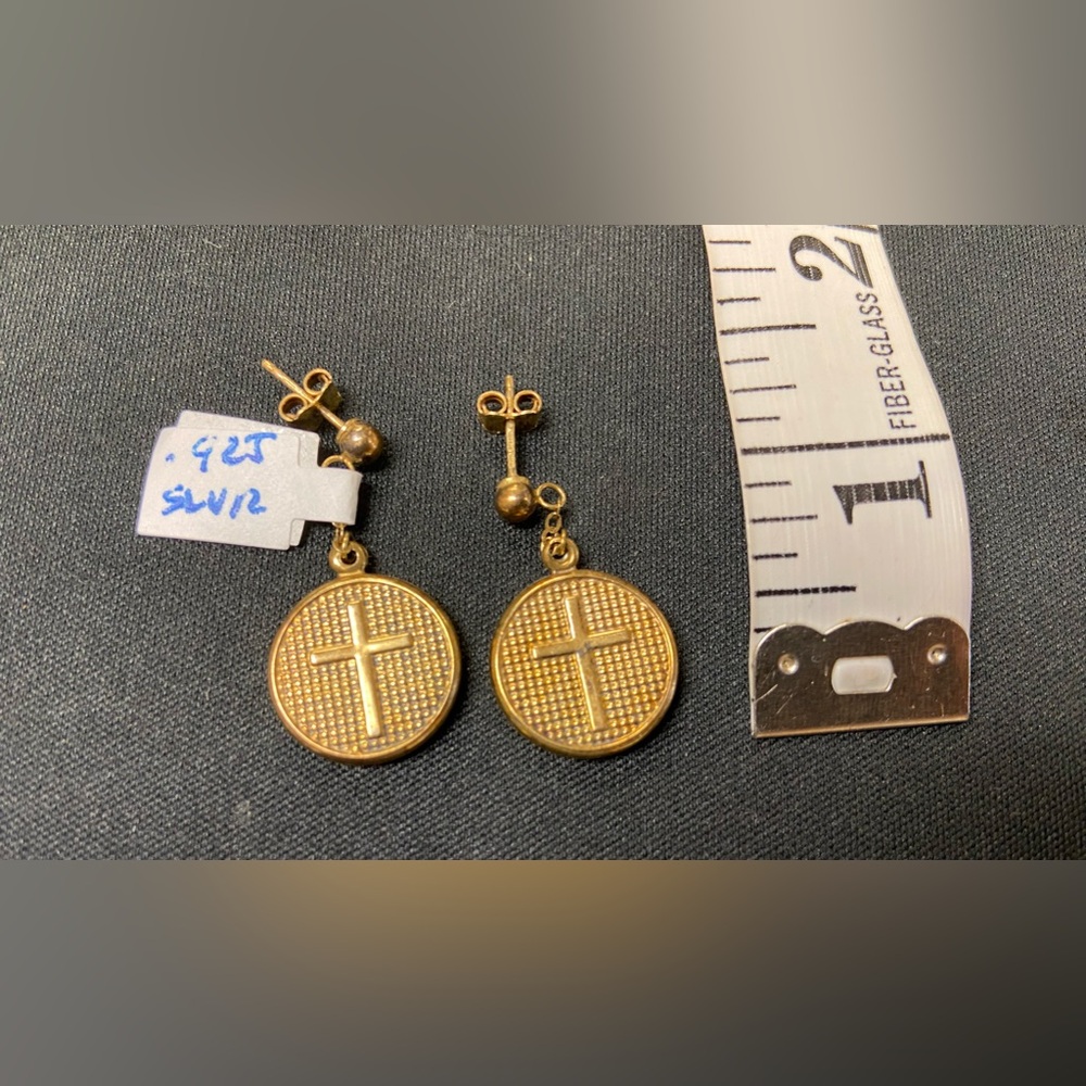 GOLD OVER SILVER .925 UNIQUE WOMEN CROSS 2 SIDED EARRINGS MSRP $119